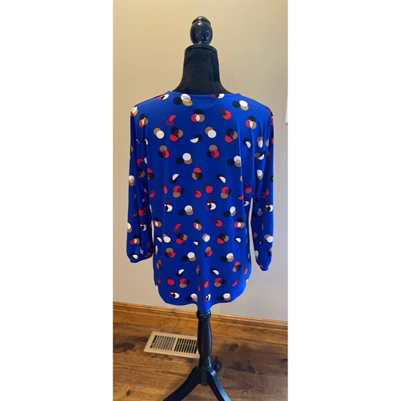 Liz Claiborne Blouse Size Large Top Blue Pattern 3/4 Sleeves Tie Neck Stretch - Picture 6 of 11